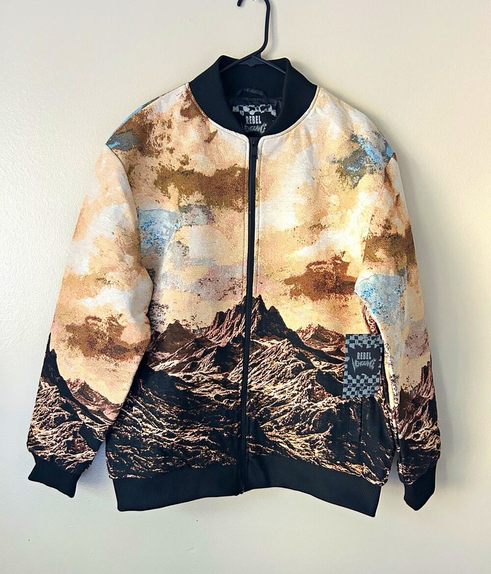 Rebel Vengeance Men’s Bomber Jacket Graphic Mountain Print Full Zip Lined XL
